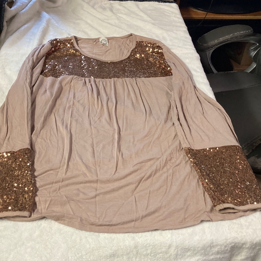Sun n Moon Taupe Top with Bronze Sequin Yoke and Cuff Detail